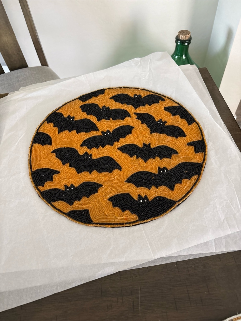 Max Studio Orange Black Bats Round Beaded Charger Placemat NEW 15” Halloween